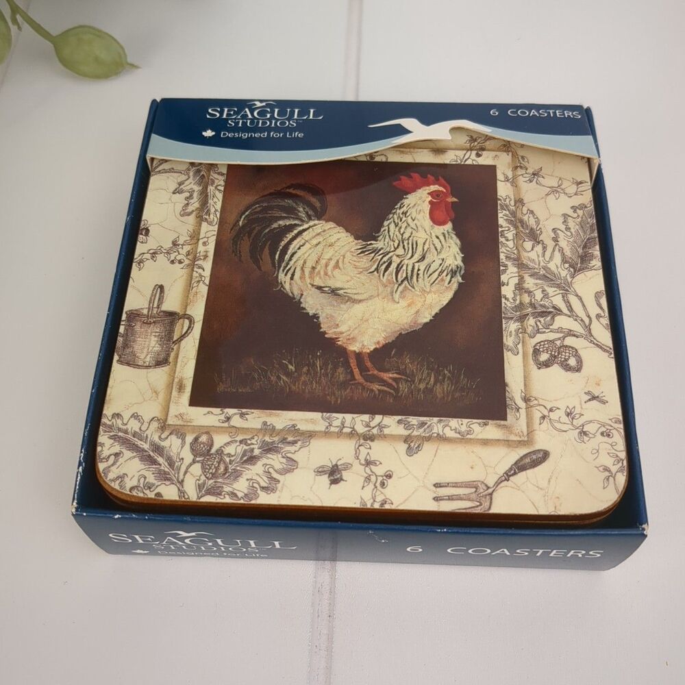 Kathryn White Rooster Coasters Seagull Studios Set of 6 Farmhouse Decor